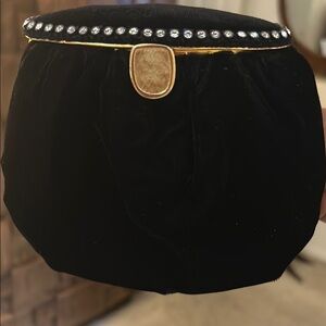 Black Velvet Formal Soft Sided Clutch with Gold & Rhinestone Accents